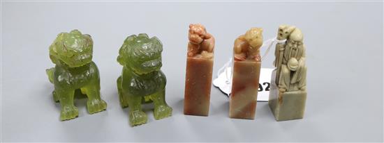 Three Chinese soapstone chop seals and a pair of hardstone Buddhist lions